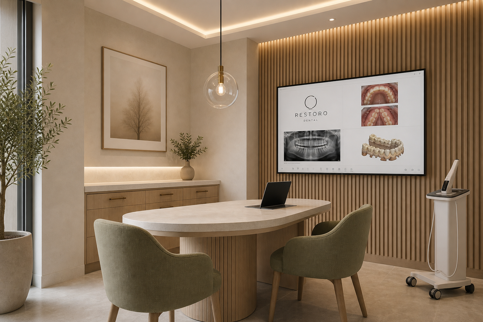 Restoro Dental consultation room with a treatment-plan screen showing intraoral photos and a 3D tooth model