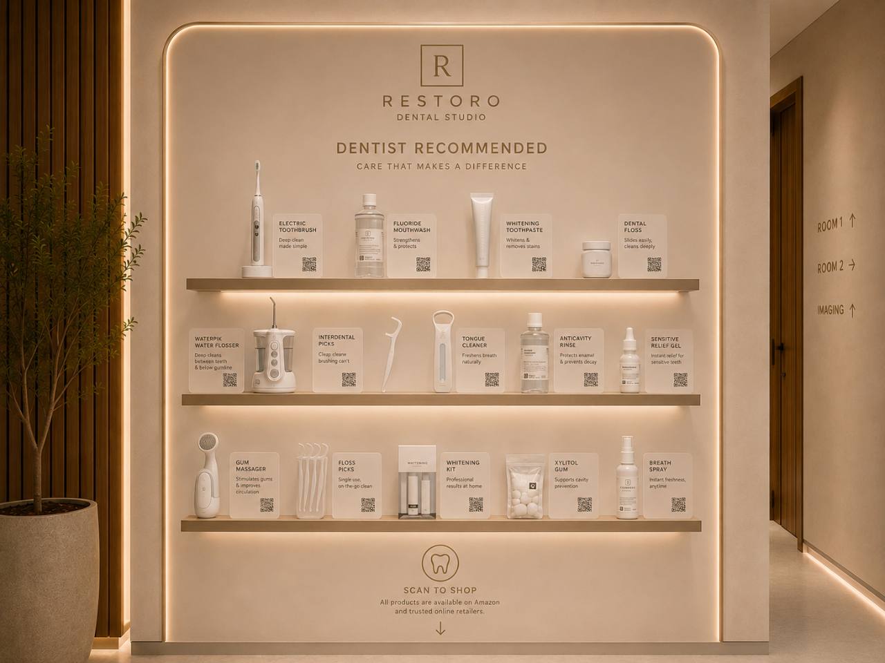 Restoro Dental Studio display wall of dentist-recommended oral-care products