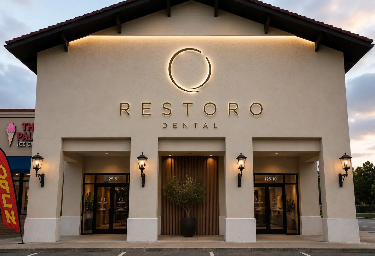 Restoro Dental Studio storefront at dusk, the backlit ring logo glowing above three entrance bays