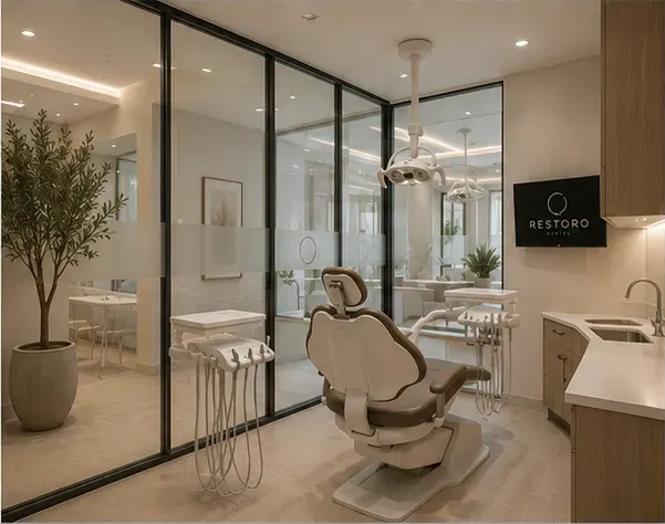 A Restoro operatory seen through a fluted-glass partition, the ring logo lit on the room screen