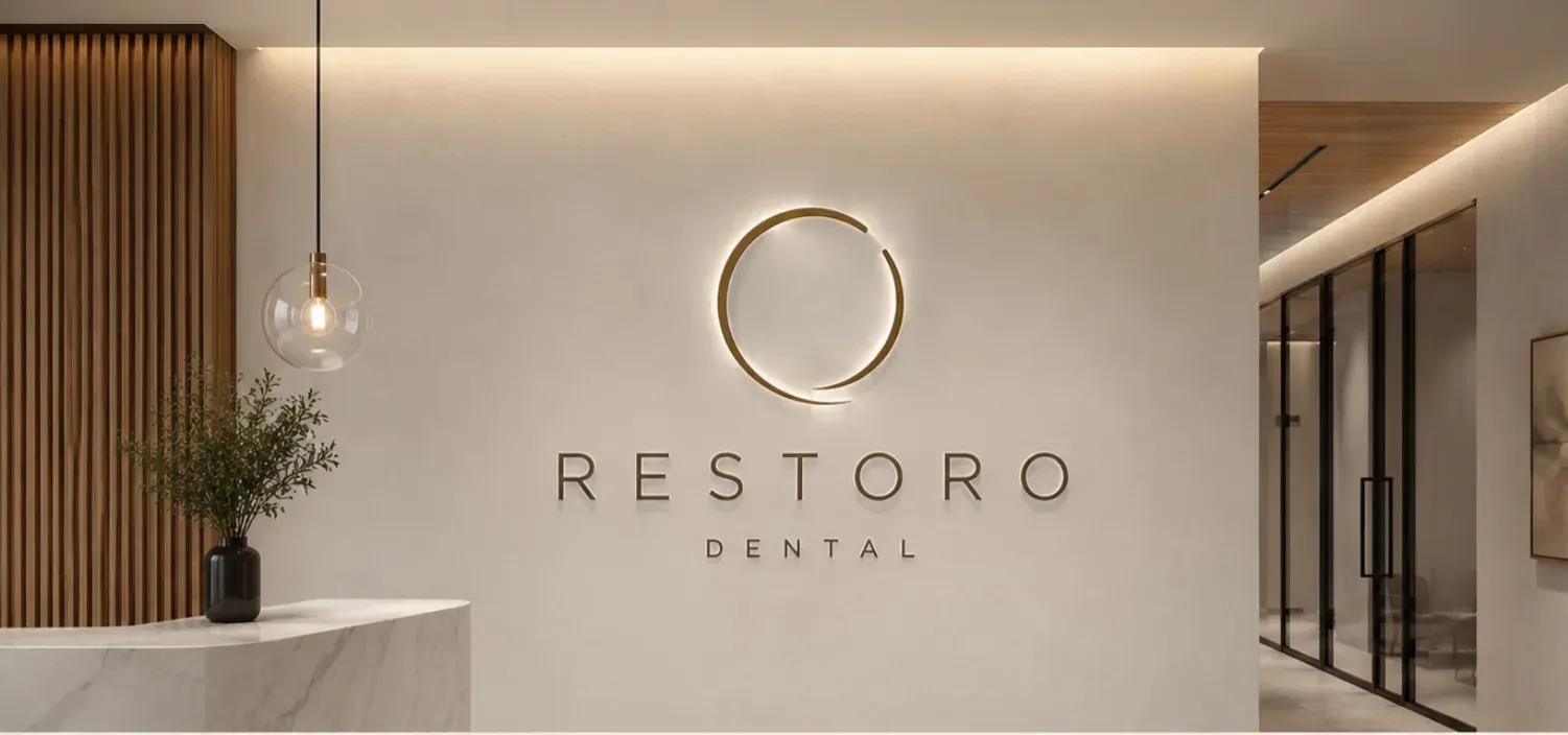 Restoro Dental reception: a backlit ring-logo feature wall, marble desk, pendant light, and a glass-partitioned corridor